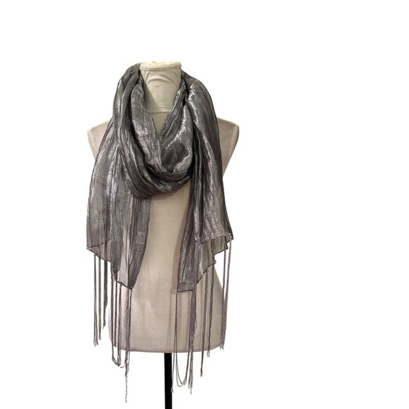 Silver Metallic Crinkle Scarf with Fringe | Sheer Glitter Shawl Wrap for Evening - Picture 1 of 5